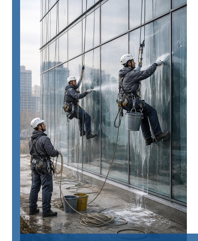 Промышленная мойка панорамных окон на высоте в Петрозаводске