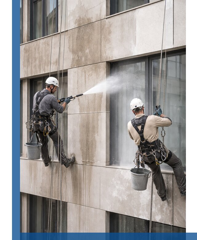 Послестроительная мойка фасада промышленным альпинизмом в Петрозаводске