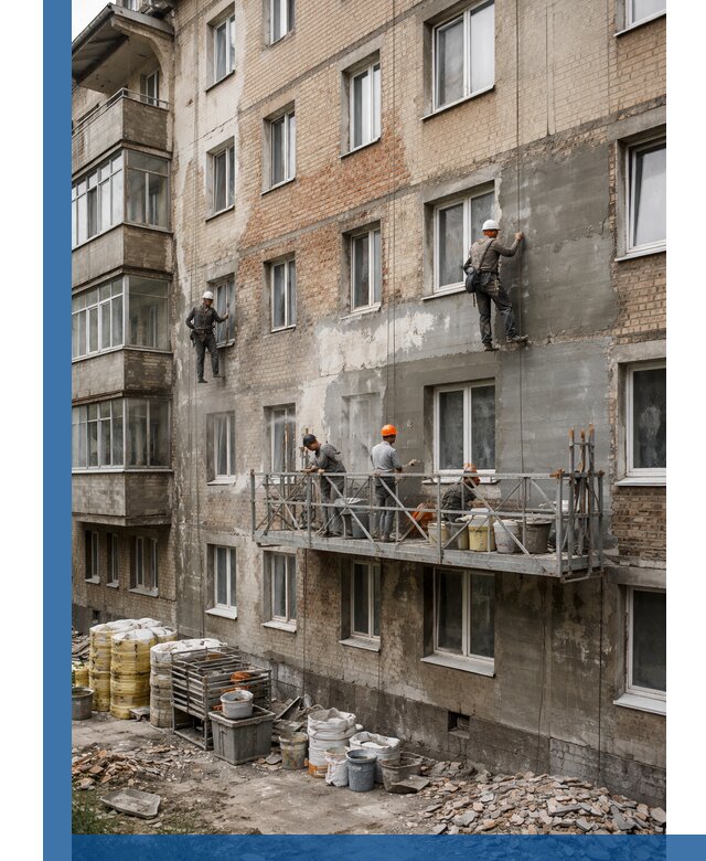 Капитальный ремонт фасада в Петрозаводске с восстановлением и гидроизоляцией