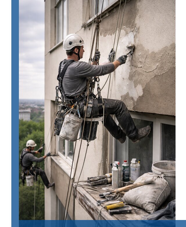 Косметический ремонт фасада зданий в Петрозаводске промышленными альпинистами