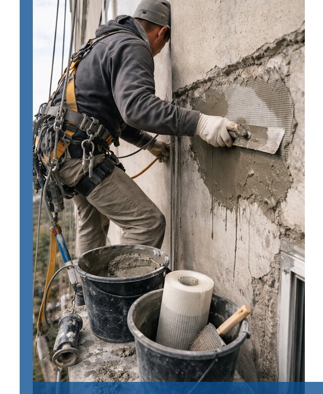 Ремонт бетонных элементов фасада промышленными альпинистами в Петрозаводске