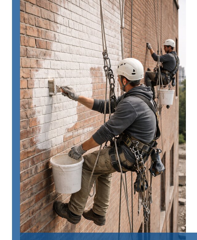 Покраска кирпичного фасада с доступным альпинистским сервисом в Петрозаводске