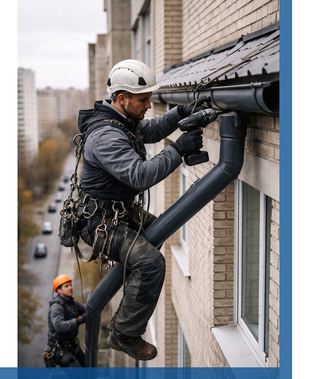 Монтаж водосточной системы на здании в Петрозаводске от 5075 р. | ВЫСОТНИК-Птр