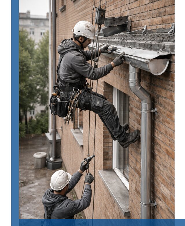 Монтаж водосточной системы на здании в Петрозаводске под ключ