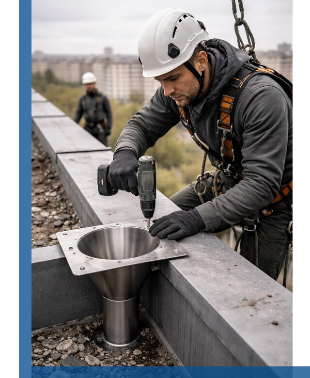 Монтаж водосточных воронок в Петрозаводске для промышленных зданий