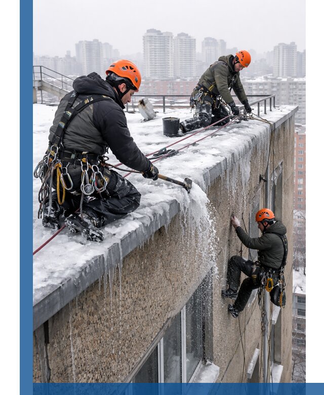 Удаление наледи с кровли в Петрозаводске промышленными альпинистами