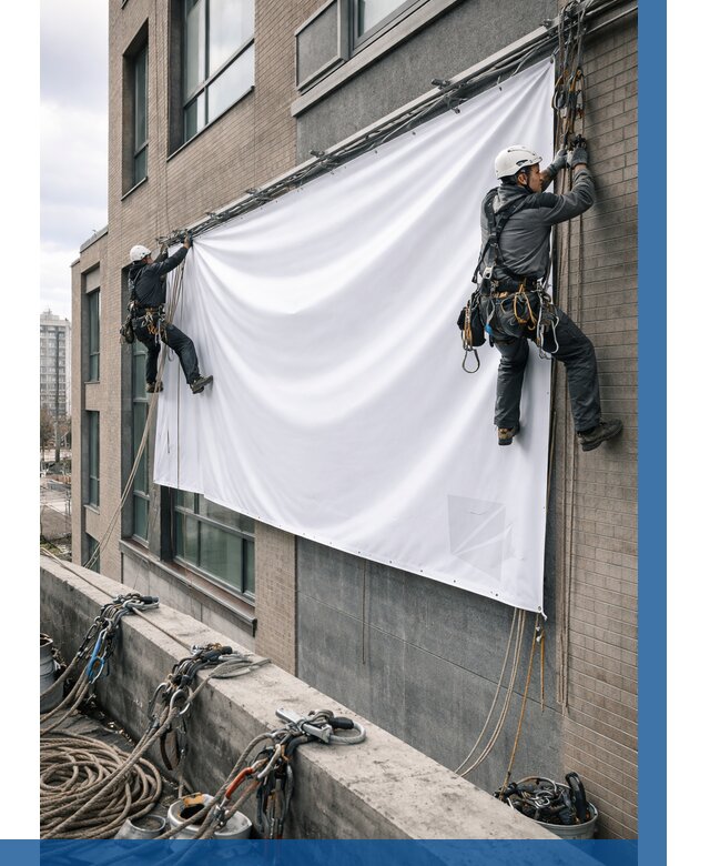 Монтаж баннеров на фасаде в Петрозаводске от 660 р. заказать ВЫСОТНИК-Птр