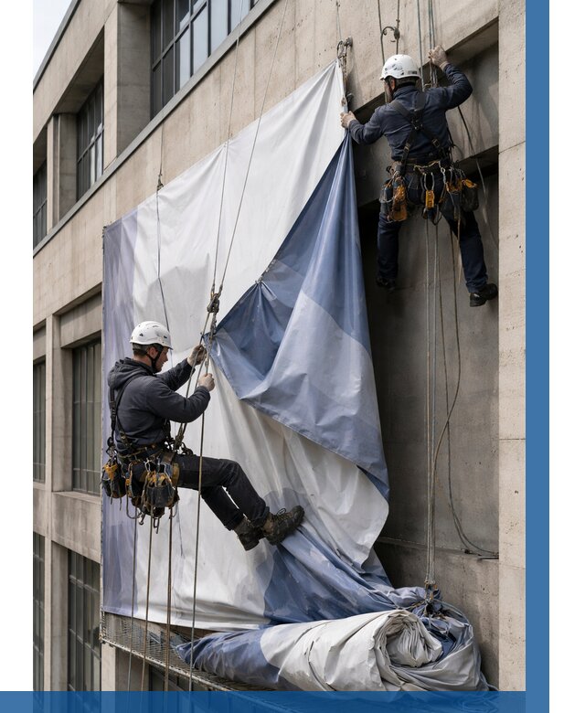 Демонтаж баннеров с фасада в Петрозаводске от 4568 р. | ВЫСОТНИК-Птр