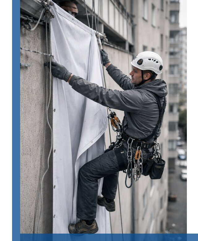 Замена баннерного полотна промышленными альпинистами в Петрозаводске