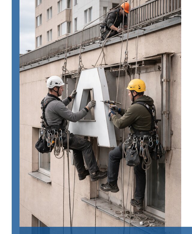 Ремонт и восстановление наружных вывесок на высоте в Петрозаводске