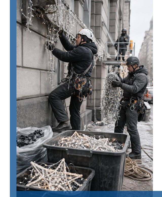 Демонтаж новогоднего оформления и гирлянд в Петрозаводске