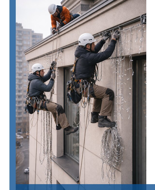 Монтаж праздничных гирлянд на фасаде в Петрозаводске для зданий