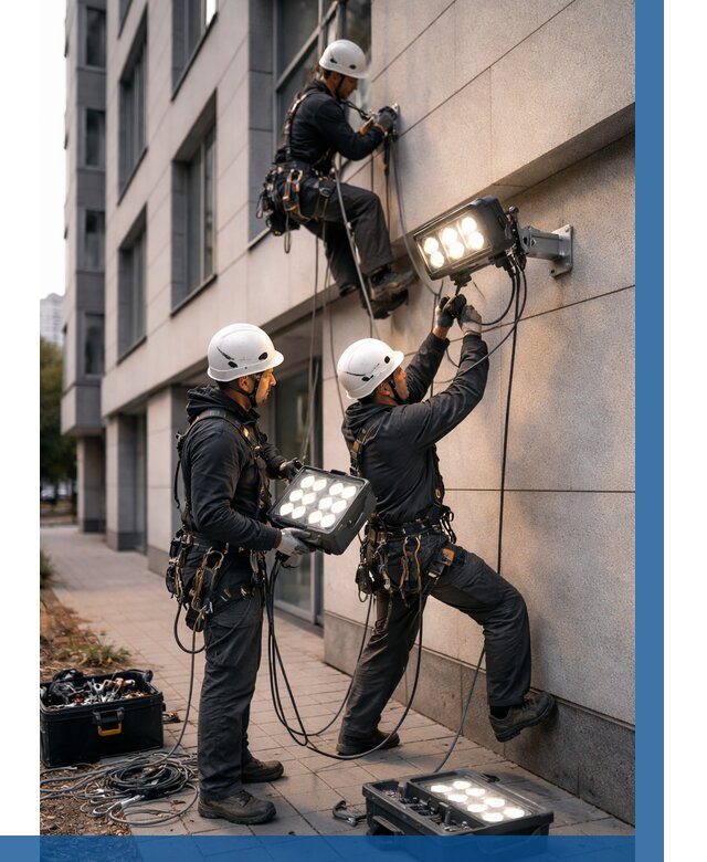 Монтаж прожекторов на фасаде в Петрозаводске от 7613 р. | ВЫСОТНИК-Птр