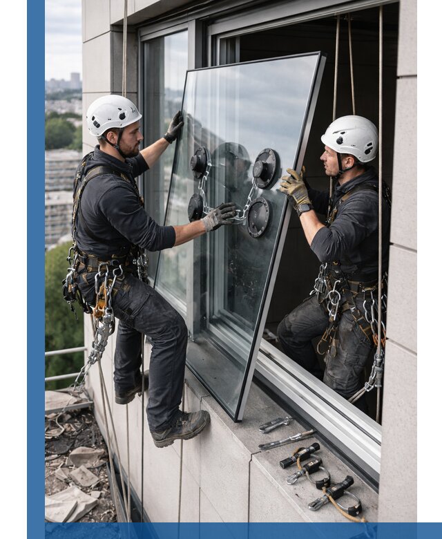 Замена стеклопакетов на высоте с промышленными альпинистами в Петрозаводске