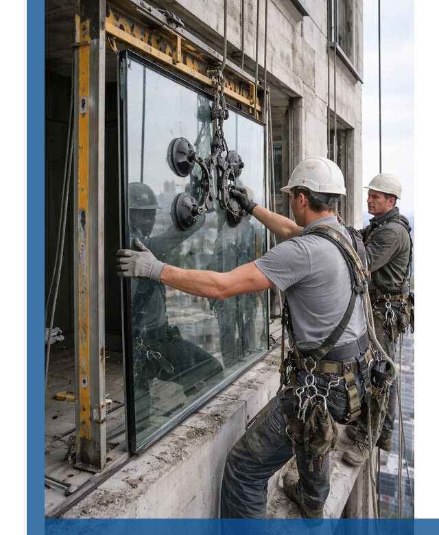 Монтаж стеклопакетов на высоте в Петрозаводске с промышленным альпинизмом