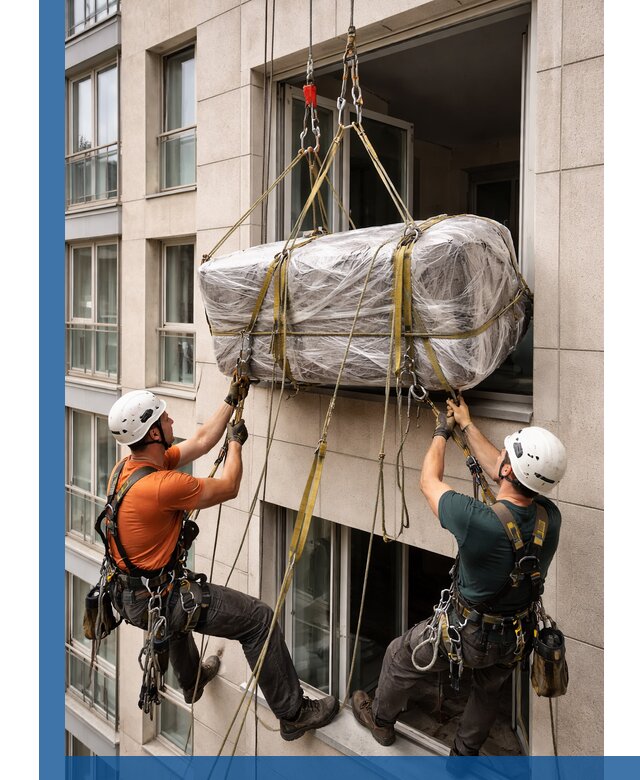 Подъем грузов через окно в Петрозаводске промышленными альпинистами