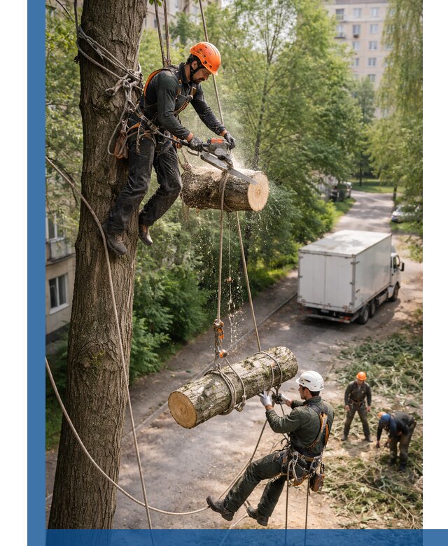 Спил деревьев альпинистами в Петрозаводске, безопасно и без повреждений