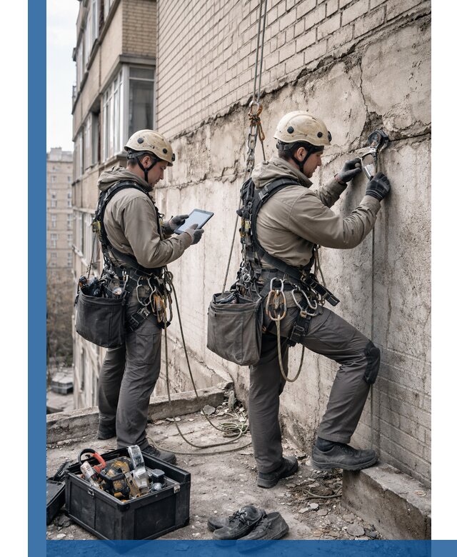 Обследование фасада промышленными альпинистами в Петрозаводске